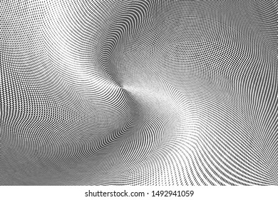 Abstract monochrome spiral black white  halftone pattern. Soft dynamic lines. Half tone  geometric vector illustration with dots. Modern black and white polka dots background for web design,print