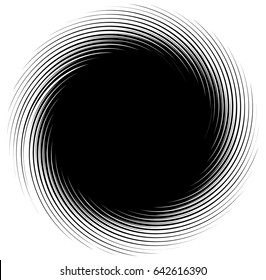 Abstract monochrome spiral design. Radial lines with rotating distortion. Geometric black and white swirl, twirl design element