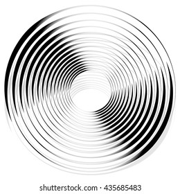 Abstract monochrome spiral, vortex with radial, radiating circles. Rotating circles.