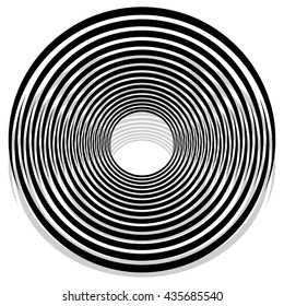 Abstract monochrome spiral, vortex with radial, radiating circles. Rotating circles.