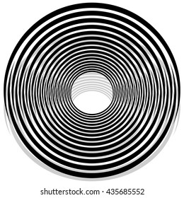 Abstract monochrome spiral, vortex with radial, radiating circles. Rotating circles.
