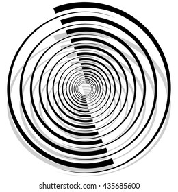 Abstract monochrome spiral, vortex with radial, radiating circles. Rotating circles.