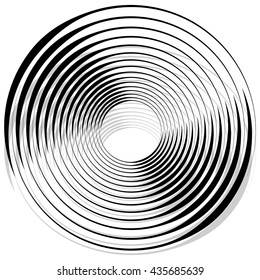 Abstract monochrome spiral, vortex with radial, radiating circles. Rotating circles.