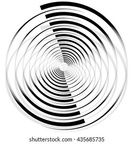 Abstract monochrome spiral, vortex with radial, radiating circles. Rotating circles.