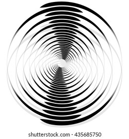 Abstract monochrome spiral, vortex with radial, radiating circles. Rotating circles.