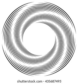 Abstract monochrome spiral, vortex with radial, radiating circles. Rotating circles.