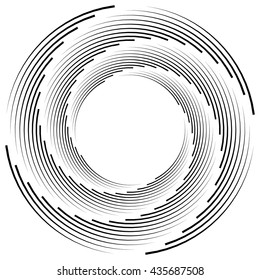 Abstract monochrome spiral, vortex with radial, radiating circles. Rotating circles.