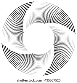 Abstract monochrome spiral, vortex with radial, radiating circles. Rotating circles.