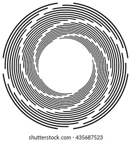 Abstract monochrome spiral, vortex with radial, radiating circles. Rotating circles.