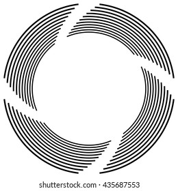 Abstract monochrome spiral, vortex with radial, radiating circles. Rotating circles.
