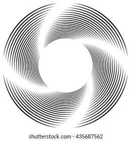 Abstract monochrome spiral, vortex with radial, radiating circles. Rotating circles.