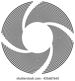 Abstract monochrome spiral, vortex with radial, radiating circles. Rotating circles.