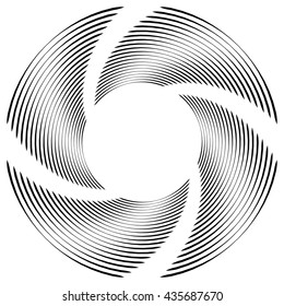 Abstract monochrome spiral, vortex with radial, radiating circles. Rotating circles.