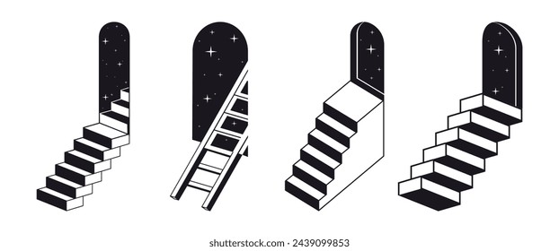 Abstrakte monochrome Treppen. Geometrische surreale Leitern, minimale Leitern mit Bogenportalen, flache Vektor-Illustrations-Set. Konturleitern auf weiß