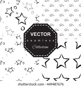 Abstract monochrome star pattern set, seamless background. Simple black and white repeating texture collection.