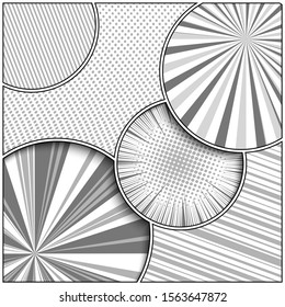 Abstract monochrome style composition with dotted slanted lines radial rays halftone humor effects. Vector illustration