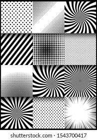 Abstract monochrome style vertical composition with dotted rays halftone and radial effects. Vector illustration
