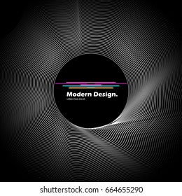 Abstract monochrome template with space for content. Circled lines on black background.