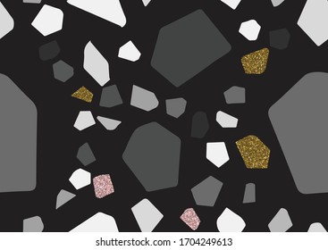 Abstract monochrome terrazzo seamless pattern. Gold, pink glitter textured elements.