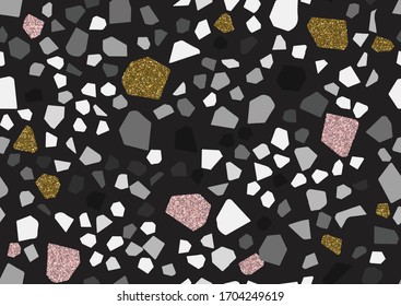 Abstract monochrome terrazzo seamless pattern. Gold, pink glitter textured elements.