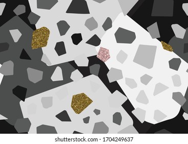 Abstract monochrome terrazzo seamless pattern. Gold, pink glitter textured elements.