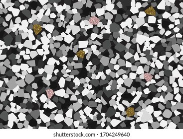 Abstract monochrome terrazzo seamless pattern. Gold, pink glitter textured elements.