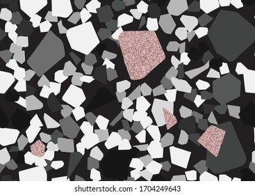 Abstract monochrome terrazzo seamless pattern. Pink glitter textured elements.