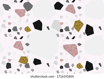 Abstract monochrome terrazzo seamless pattern. Gold, pink glitter textured elements. Black and white, shades of gray colors. Vector illustration