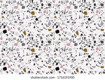 Abstract monochrome terrazzo seamless pattern. Gold, pink glitter textured elements. Black and white, shades of gray colors. Vector illustration