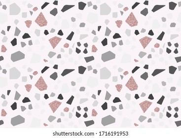 Abstract monochrome terrazzo seamless pattern. Pink glitter textured elements. Black and white, shades of gray colors. Vector illustration