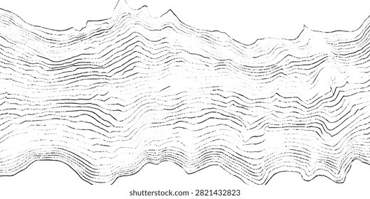 Abstract monochrome texture with flowing wavy distortion lines across the top and dense cracked, rocky patterns below, resembling eroded terrain or seismic layers, distressed grunge style background.