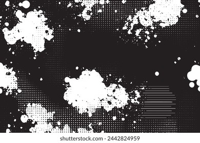Abstract Monochrome Texture Grungy Black and White Pattern with cracks, scuffs, chips, stains, ink spots, lines and Texture Elements for Dark Design Background