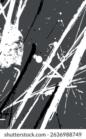 Abstract monochrome vector art. Dynamic black and white paint splatters and energetic strokes on a grey background, perfect for modern, expressive designs.