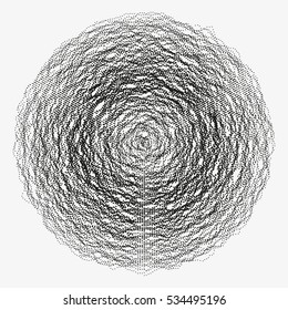 Abstract monochrome vector background illustration made of shuffled particles. Round random decorative composition. Swarm of dots. Modern element of design.