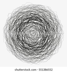 Abstract monochrome vector background illustration made of shuffled particles. Round random decorative composition. Swarm of dots. Modern element of design.