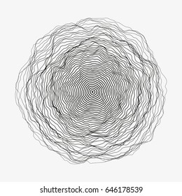 Abstract monochrome vector background illustration. Round random decorative composition. Rippled wavy circle. Minimalist generative linear shape. Modern element of design.