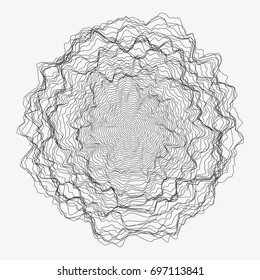 Abstract monochrome vector background illustration. Round random decorative composition. Rippled wavy circle. Minimalist generative linear shape. Modern element of design.