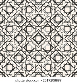 Abstract monochrome vector geometric seamless pattern. Simple linear ornament with diamonds, floral silhouettes, grid, lattice. Black and white minimal background texture. Repeated design for decor