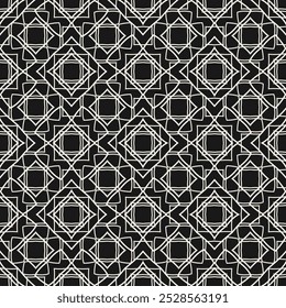 Abstract monochrome vector geometric seamless pattern. Simple linear ornament with diamonds, floral silhouettes, grid, lattice. Black and white minimal background texture. Repeatable dark geo design