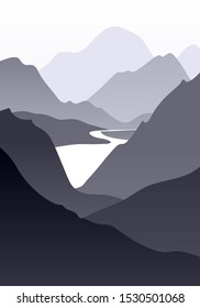 abstract monochrome vector landscape with mountains, hand drawn illustration