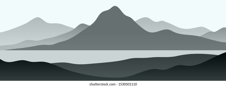 abstract monochrome vector landscape with mountains, hand drawn illustration