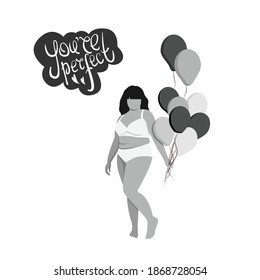 
afiche abstracto monocromo vectorial, mujer de longitud completa con bolas, cuerpo positivo, grabado-usted es perfecto