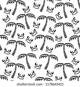 Abstract monochrome vector seamless summer pattern. Fabric textile summer pattern. Cute doodle summer pattern with palm tree and crab. Vector illustration naive jungle wildlife and nautical ornament.