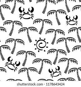 Abstract monochrome vector seamless summer pattern. Fabric textile summer pattern. Cute doodle summer pattern with palm tree and crab. Vector illustration naive jungle wildlife and nautical ornament.