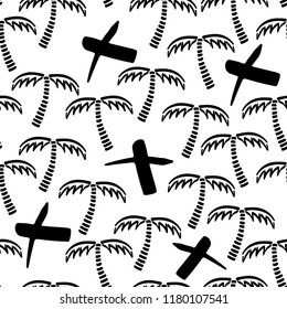 Abstract monochrome vector seamless summer pattern. Fabric textile with exotic island. Cute doodle summer pattern with coconut palm tree. Vector illustration naive scribble jungle wildlife ornament.