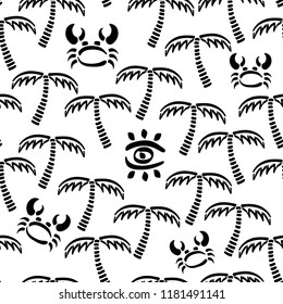 Abstract monochrome vector seamless summer pattern. Fabric textile summer pattern. Cute doodle summer pattern with palm tree and crab. Vector illustration naive jungle wildlife and nautical ornament.