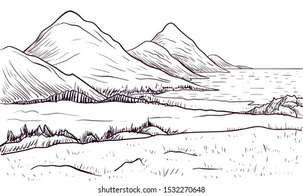 abstract monochrome vector sketch of landscape with mountains, hand drawn illustration