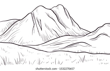 abstract monochrome vector sketch of landscape with mountains, hand drawn illustration