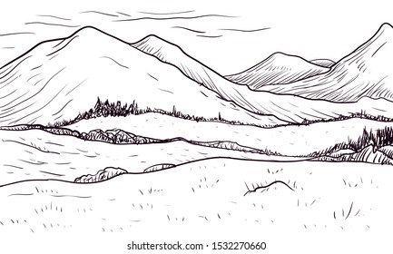 abstract monochrome vector sketch of landscape with mountains, hand drawn illustration