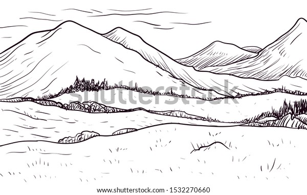 Abstract Monochrome Vector Sketch Landscape Mountains Stock Vector ...